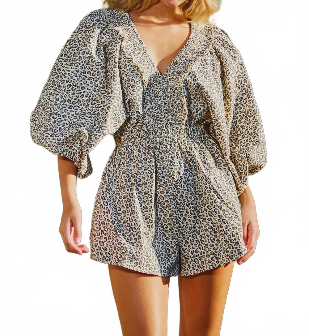 NEW BUCKETLIST printed ruffled romper in cream leopard